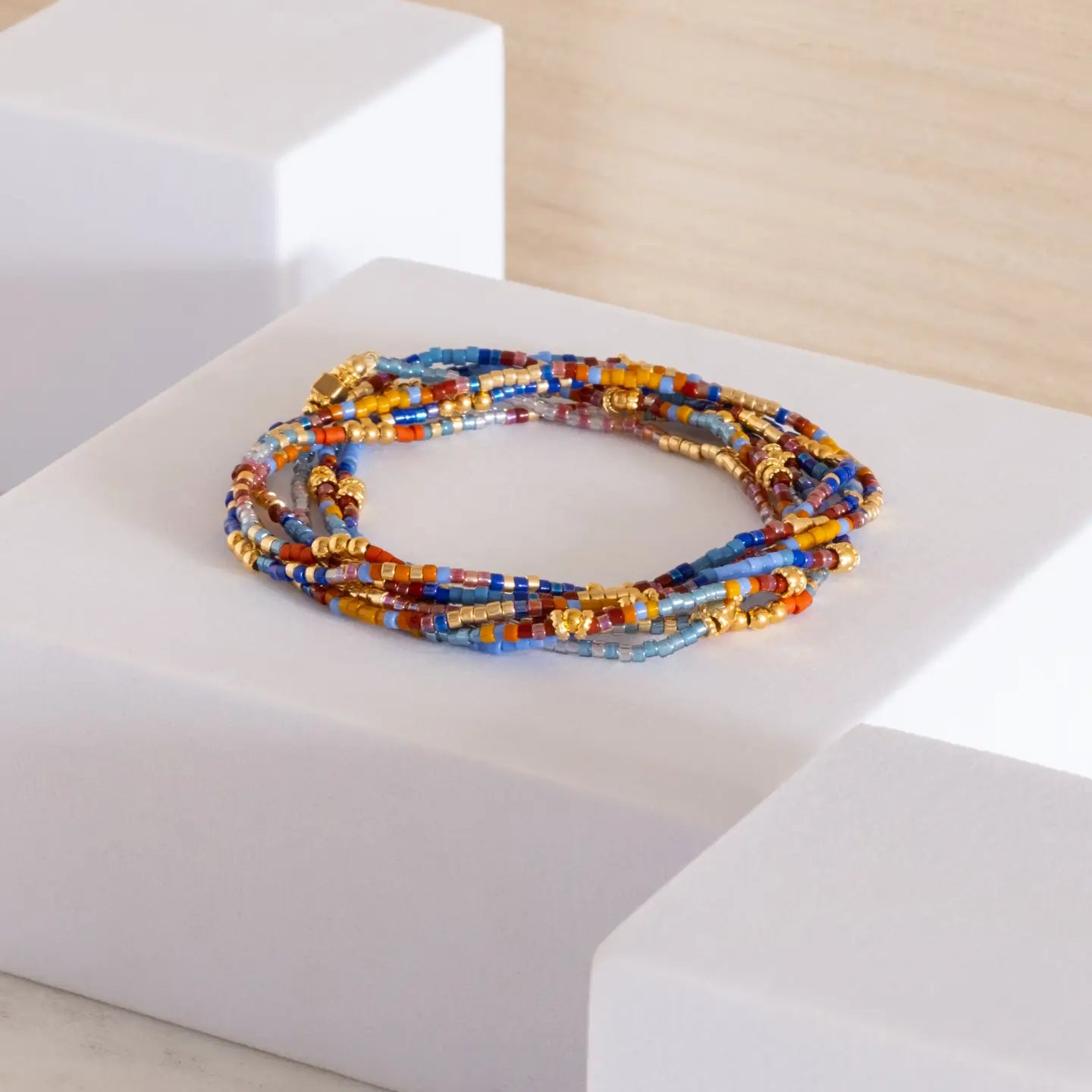 Miyuki Beaded Stretch Bracelet Set in Blue/Brown/Rust
