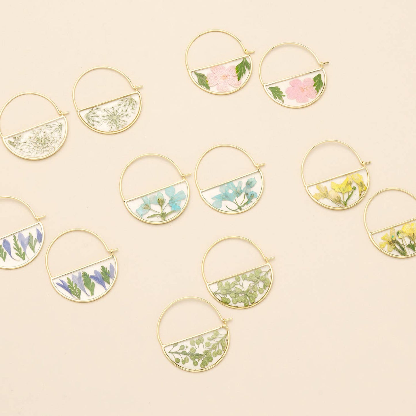 Pressed Flower Hoop Earring - Blue Baby's Breath/Gold