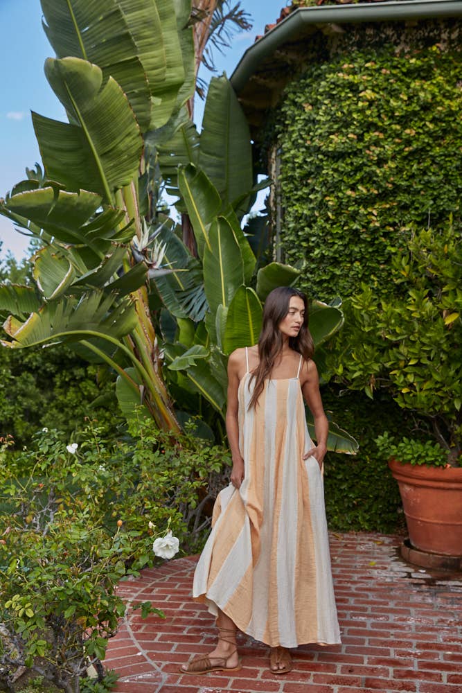 The Gauze Stripe Cami Midi Dress in Cream & Coral