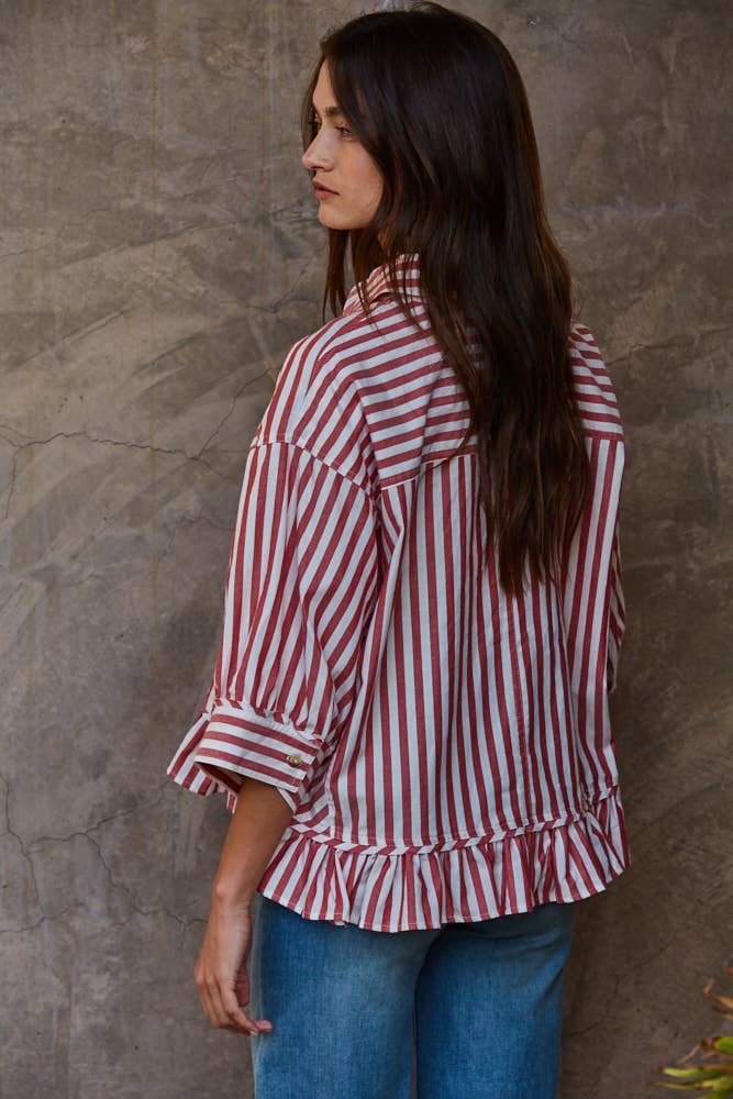 Ruffle Hem Striped Buttondown Shirt in Red