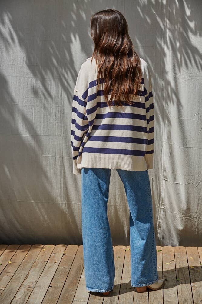 Striped Quarter Zip Mock Neck Sweater in Navy