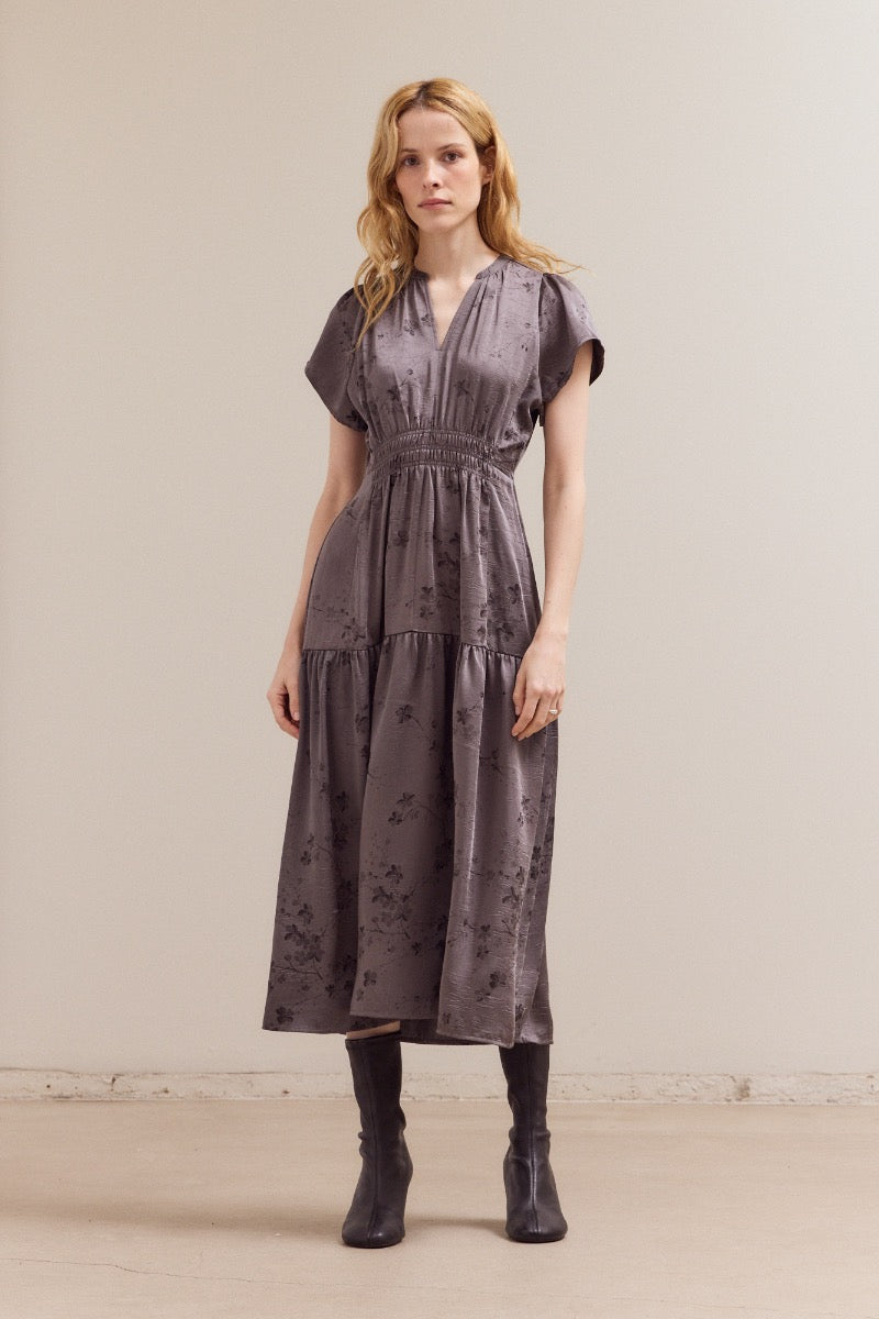 Printed Ruffle Midi Dress in Steel