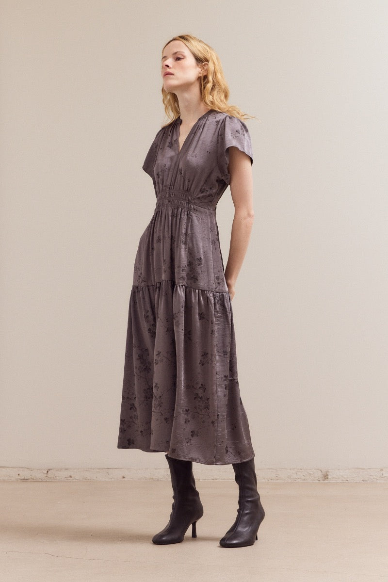 Printed Ruffle Midi Dress in Steel