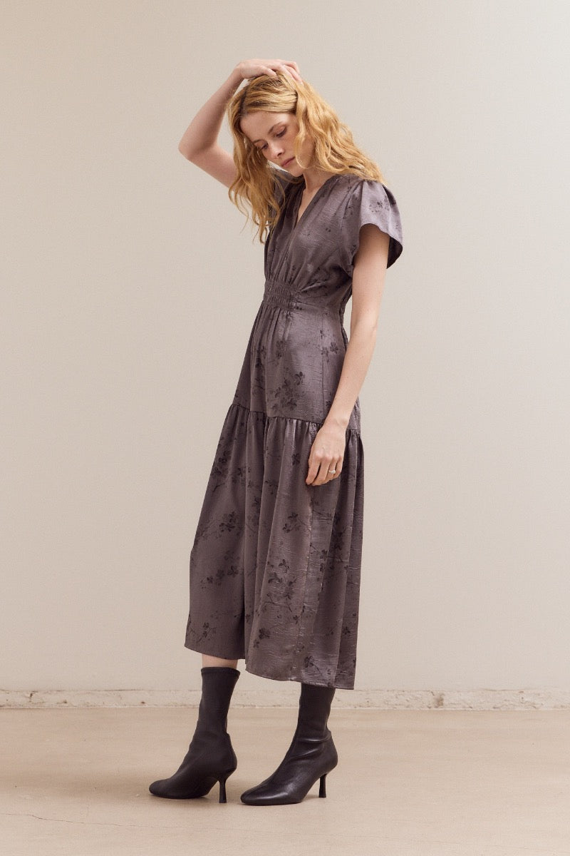 Printed Ruffle Midi Dress in Steel