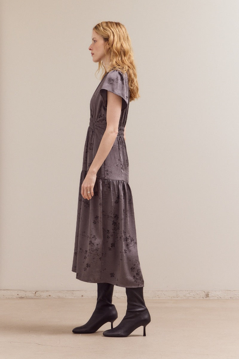 Printed Ruffle Midi Dress in Steel