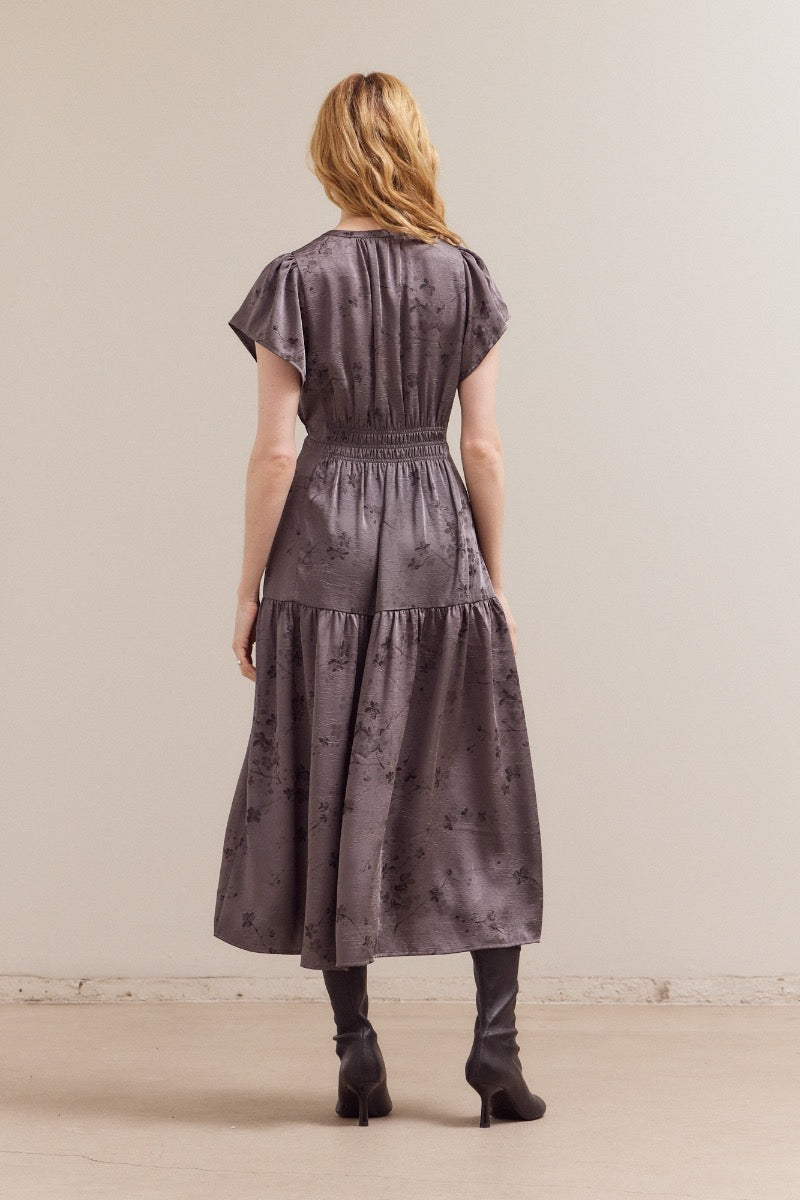 Printed Ruffle Midi Dress in Steel