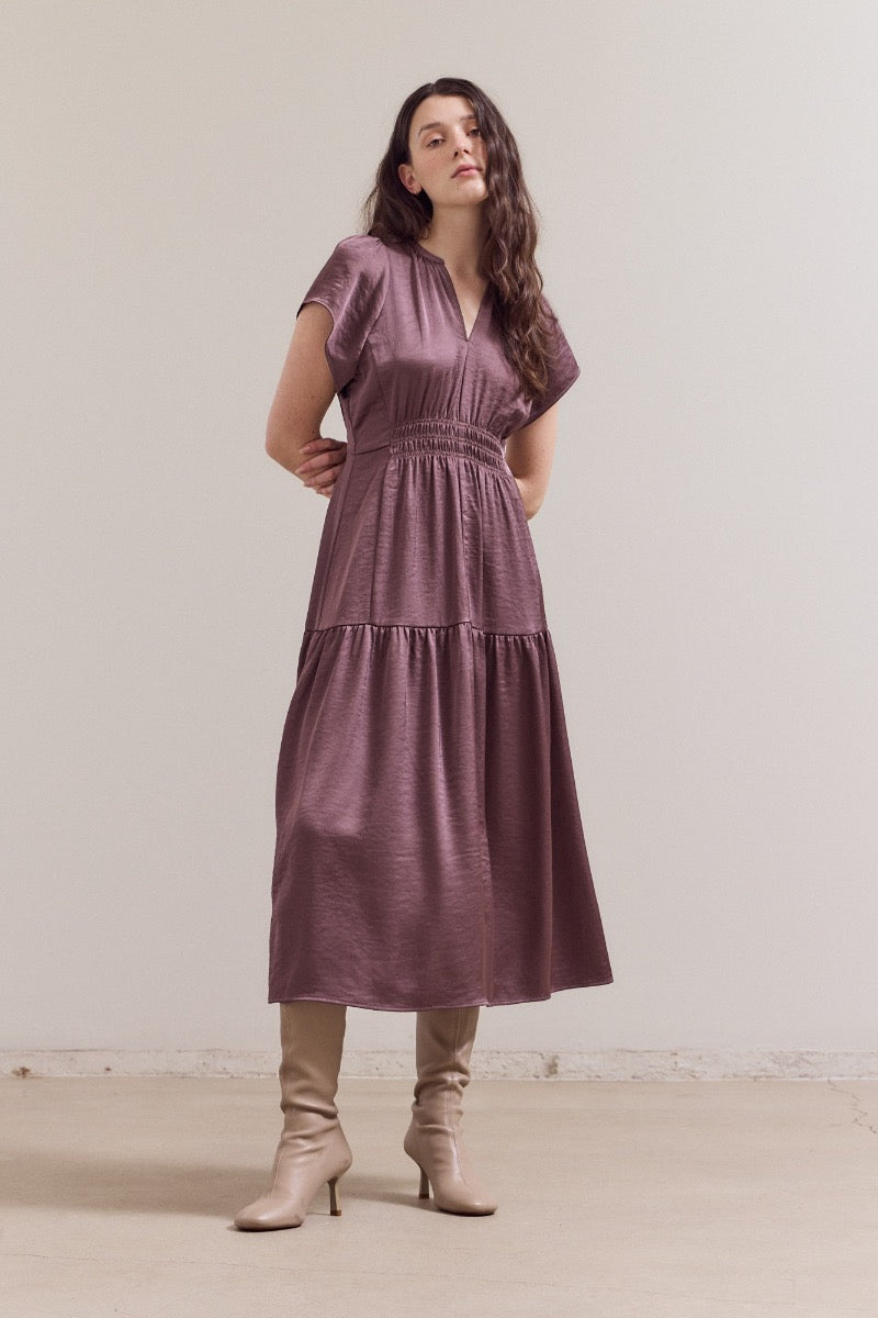 Ruffle Matte Satin Midi Dress in Aubergine
