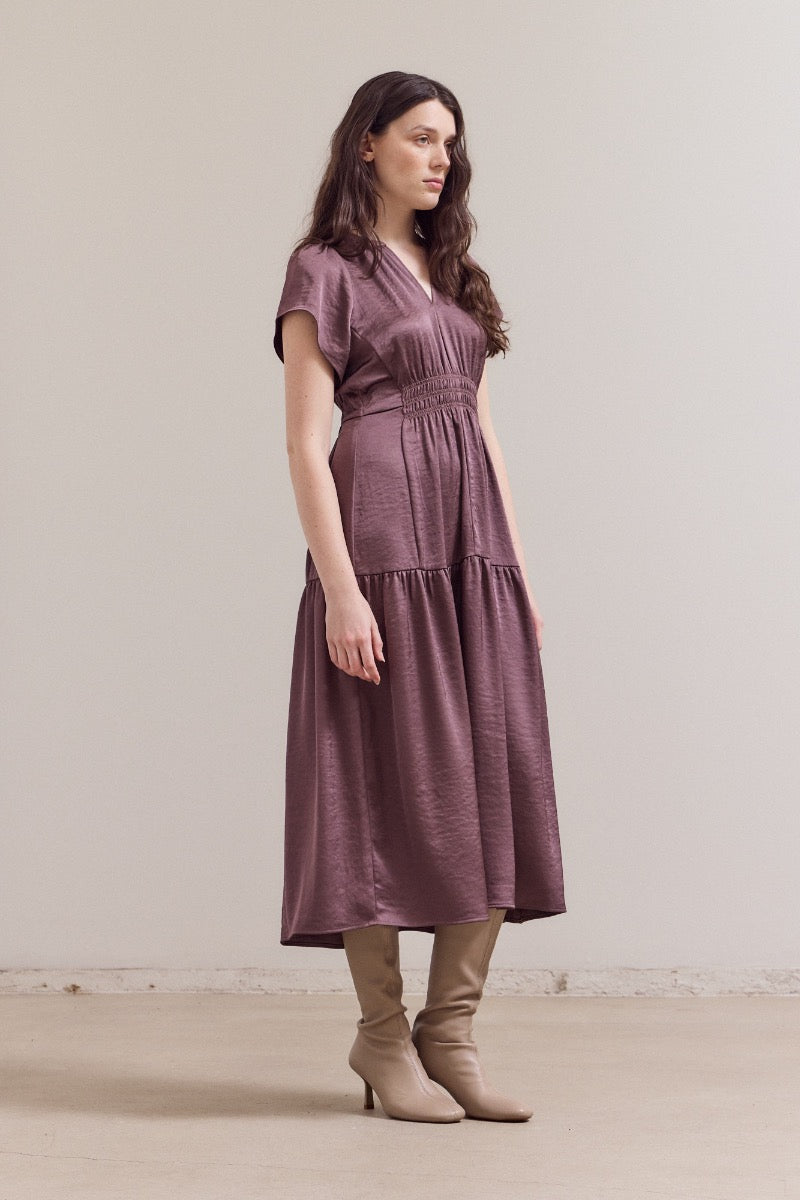 Ruffle Matte Satin Midi Dress in Aubergine