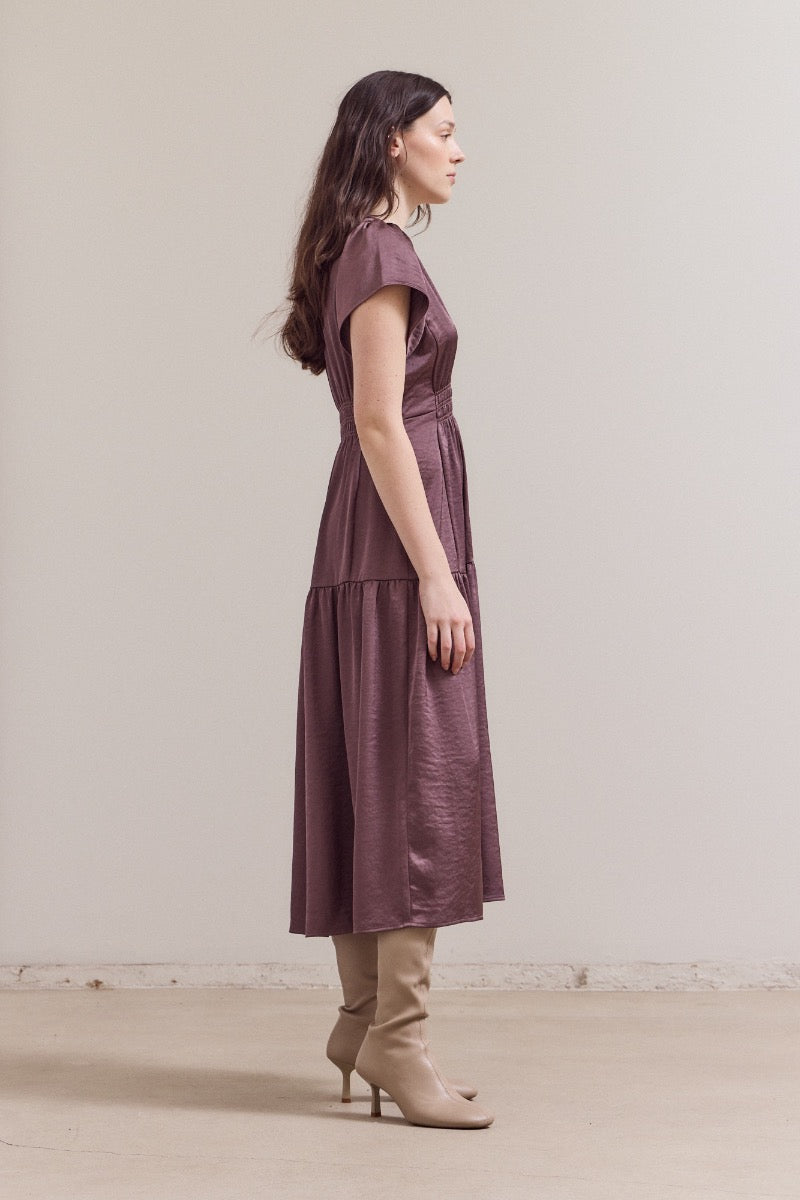 Ruffle Matte Satin Midi Dress in Aubergine