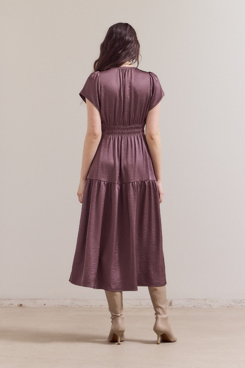 Ruffle Matte Satin Midi Dress in Aubergine