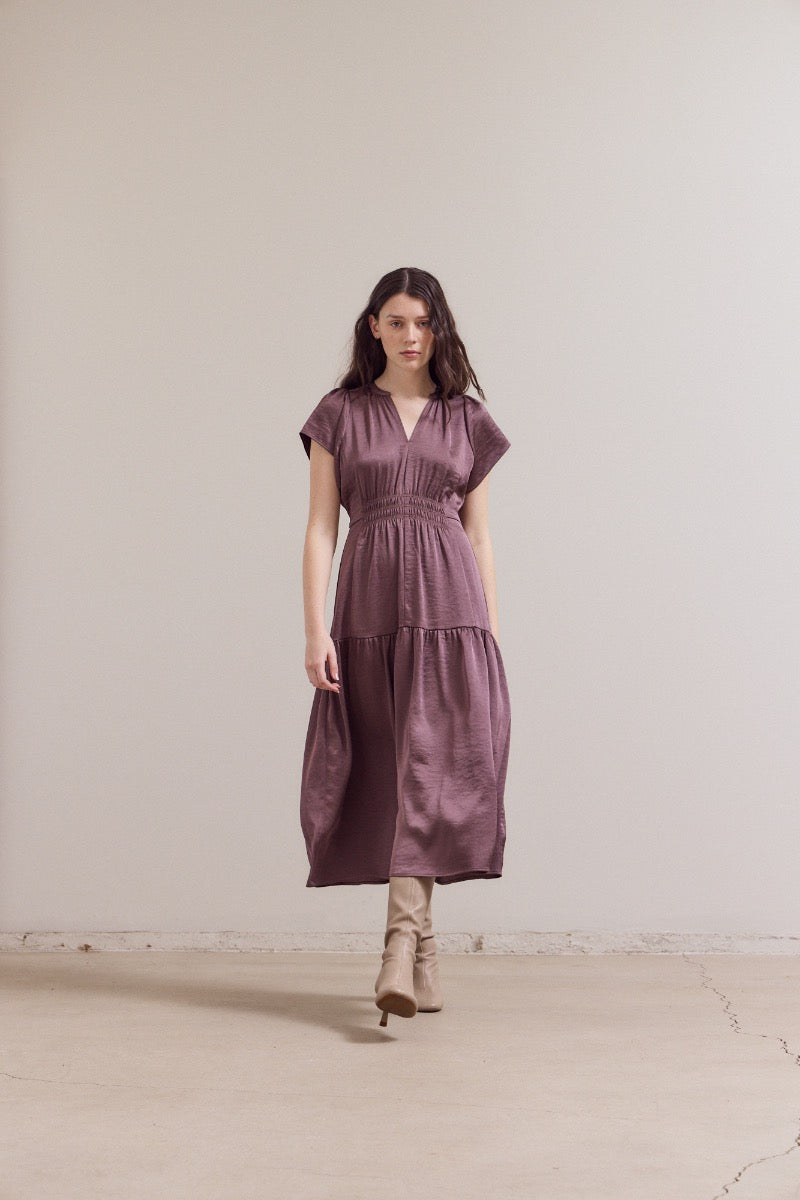 Ruffle Matte Satin Midi Dress in Aubergine