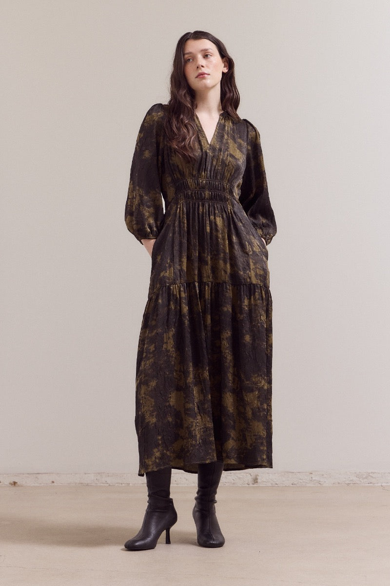 Printed Midi Dress with 3/4 Sleeves in Tapenade
