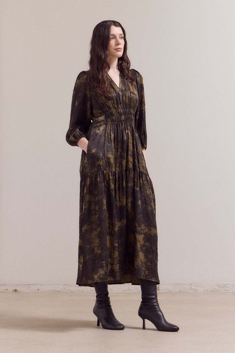 Printed Midi Dress with 3/4 Sleeves in Tapenade