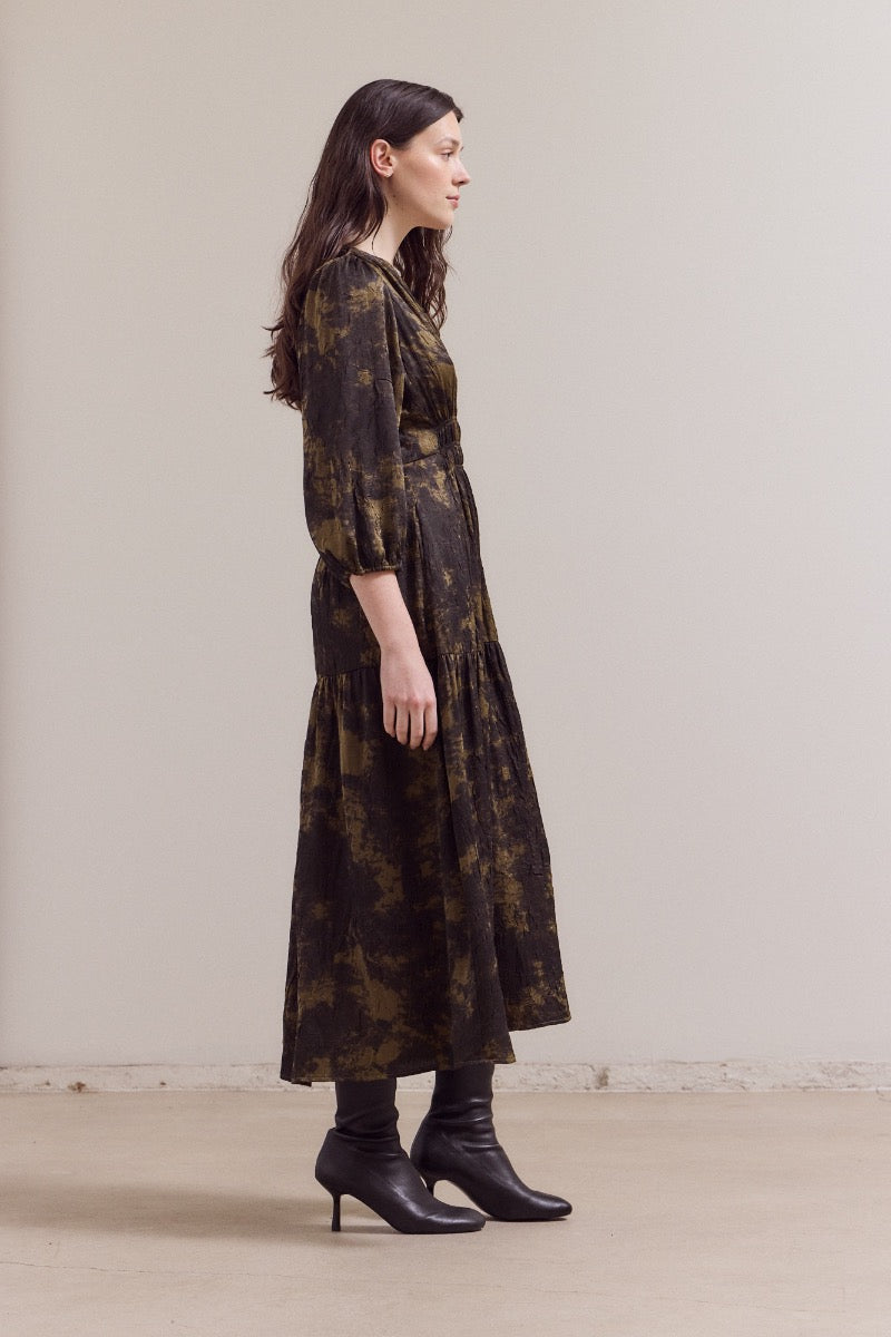 Printed Midi Dress with 3/4 Sleeves in Tapenade