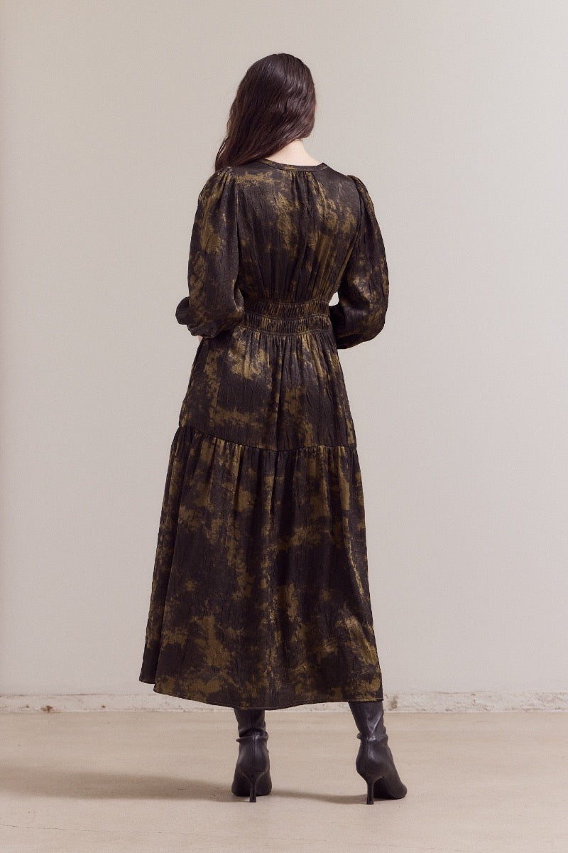 Printed Midi Dress with 3/4 Sleeves in Tapenade