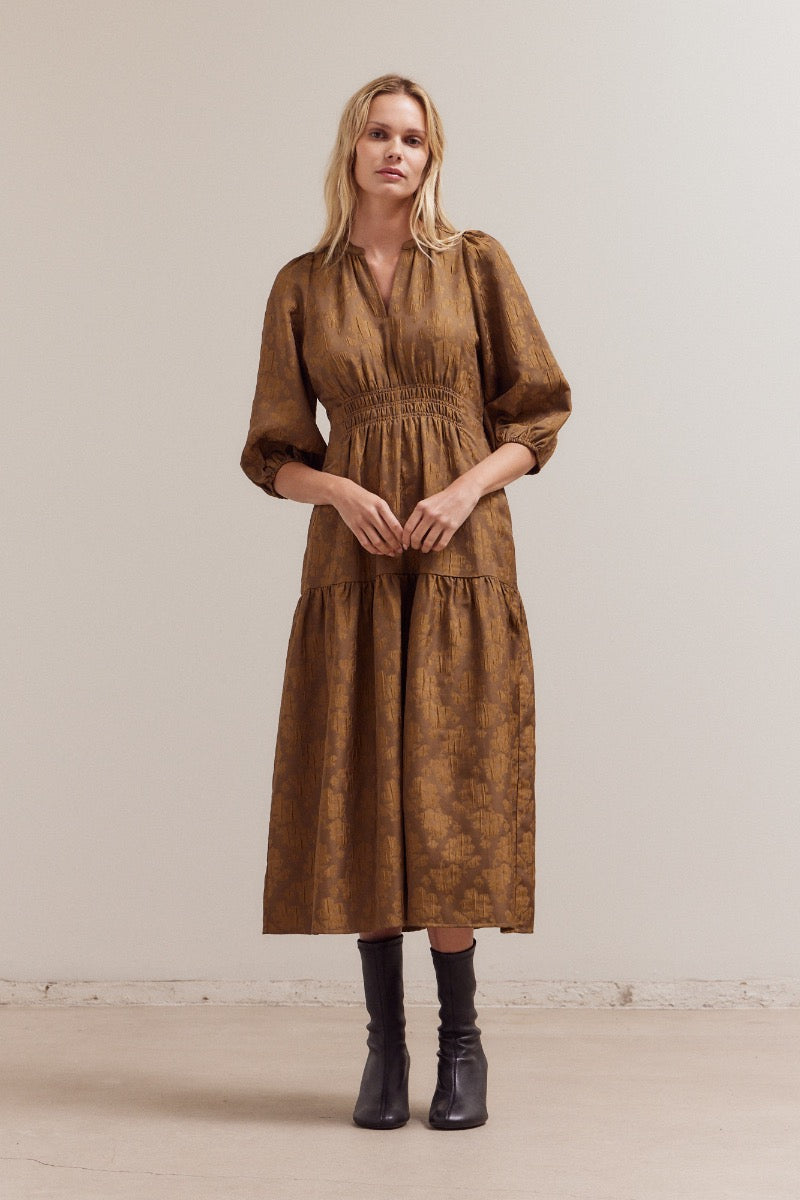 Floral Jacquard Midi Dress in Cacao