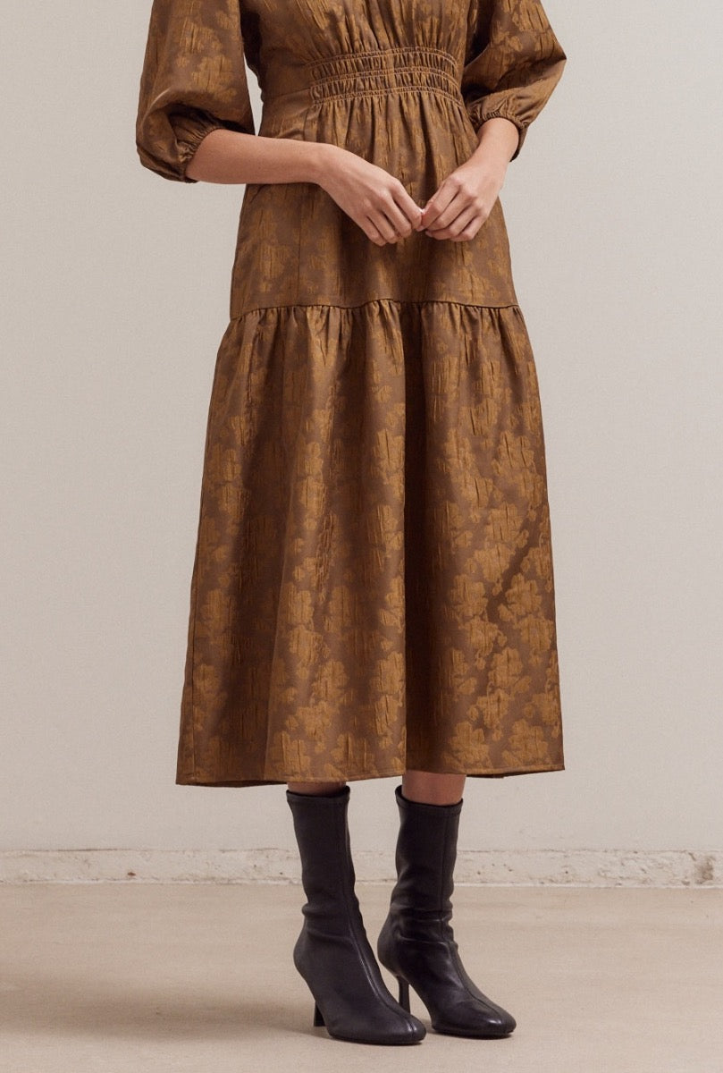 Floral Jacquard Midi Dress in Cacao