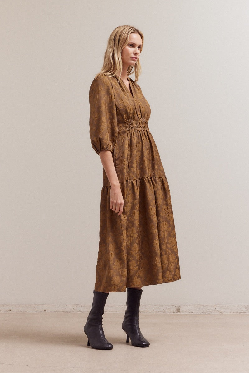 Floral Jacquard Midi Dress in Cacao