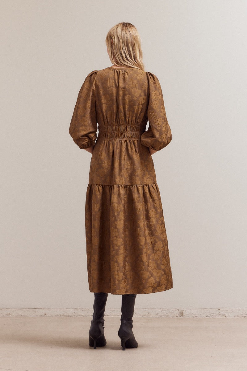 Floral Jacquard Midi Dress in Cacao