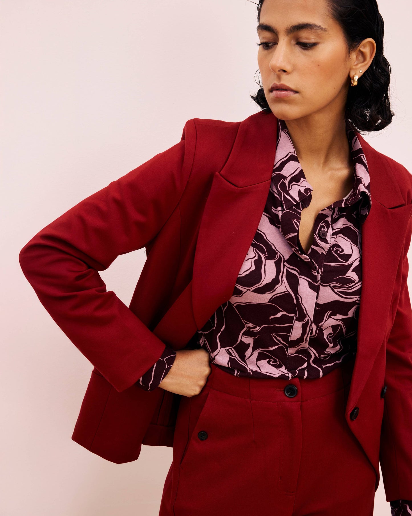 Bianca Double Breasted Ponte Blazer in Garnet