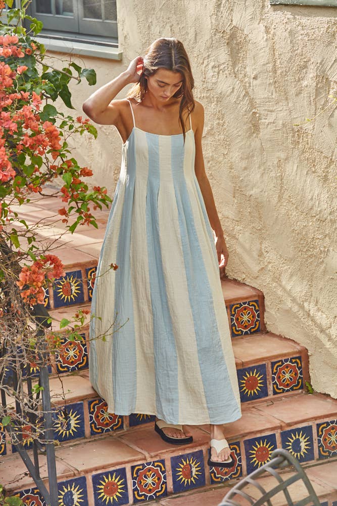 The Gauze Stripe Cami Midi Dress in Cream & Light Blue