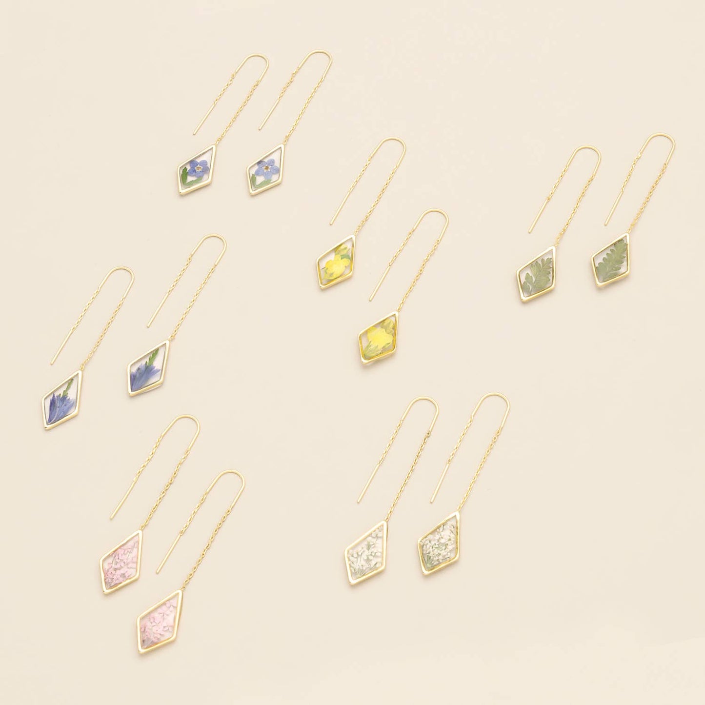 Pressed Flower Thread Earring - Purple Cornflower/Gold