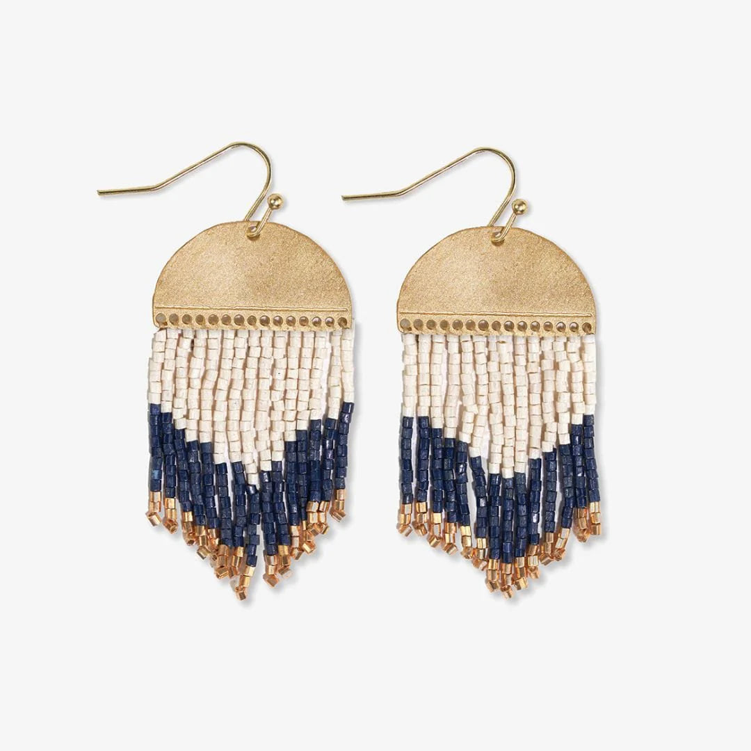 Claudia Curved Pattern Short Beaded Fringe Earrings Navy