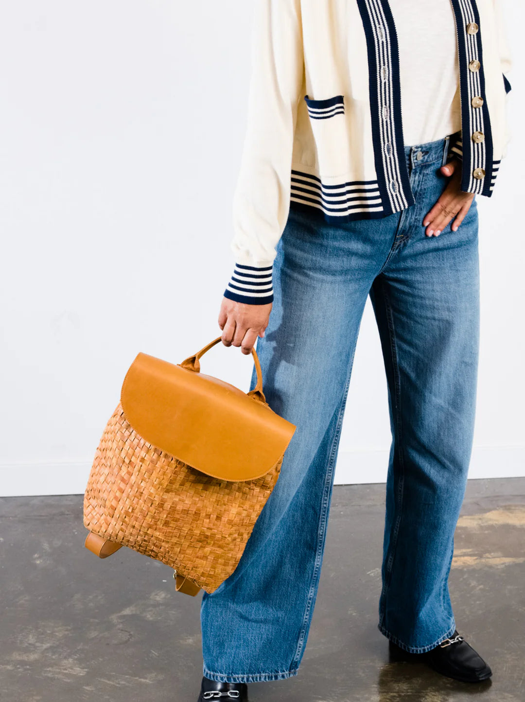 Elsa Basketweave Backpack in Cognac