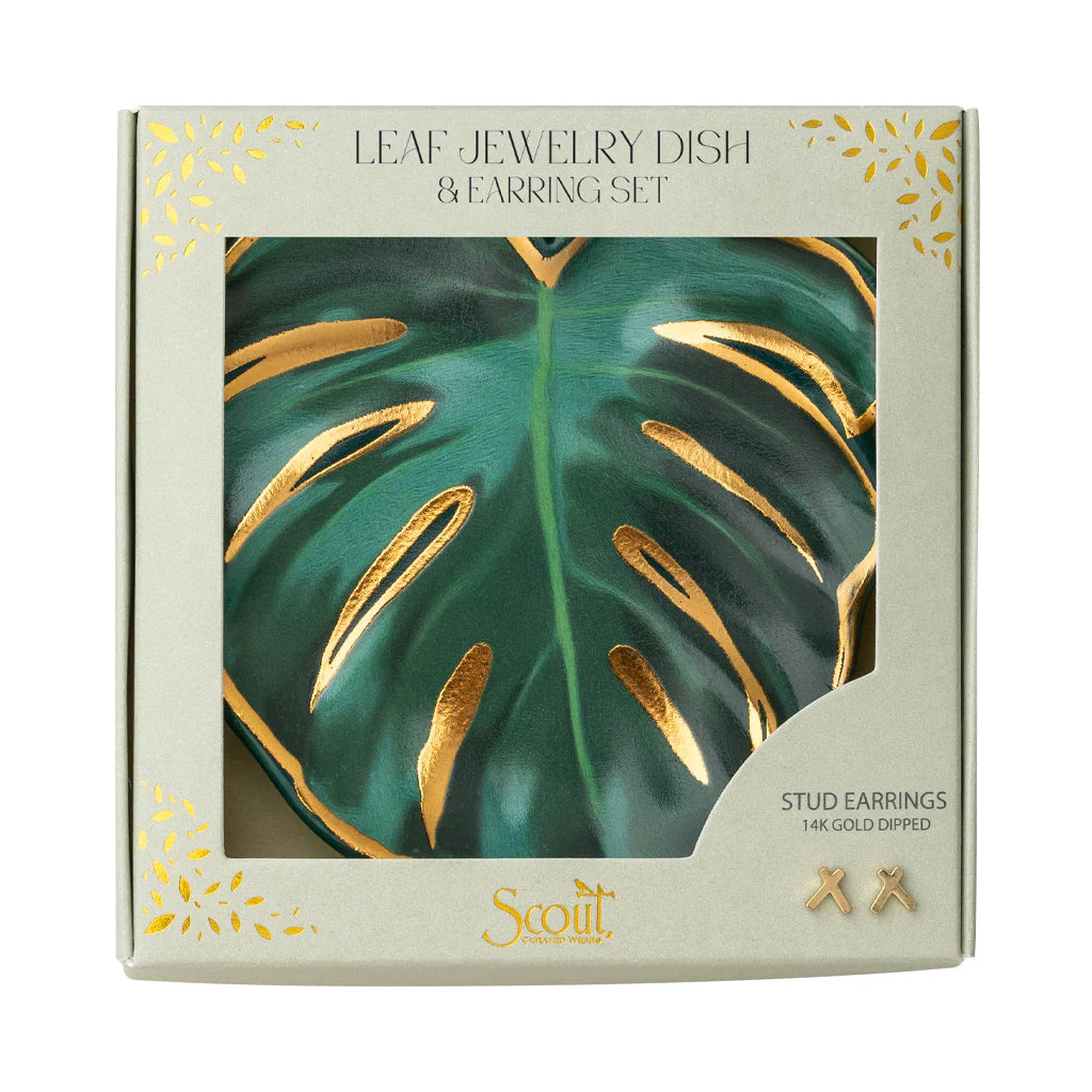 Jewelry Dish & Stud Earring Set - Leaf /Sage