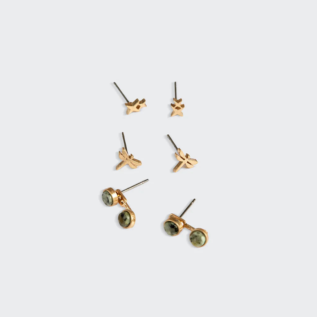 Stud Trio Ear Jacket Set - Dragonfly/African Turquoise/Gold