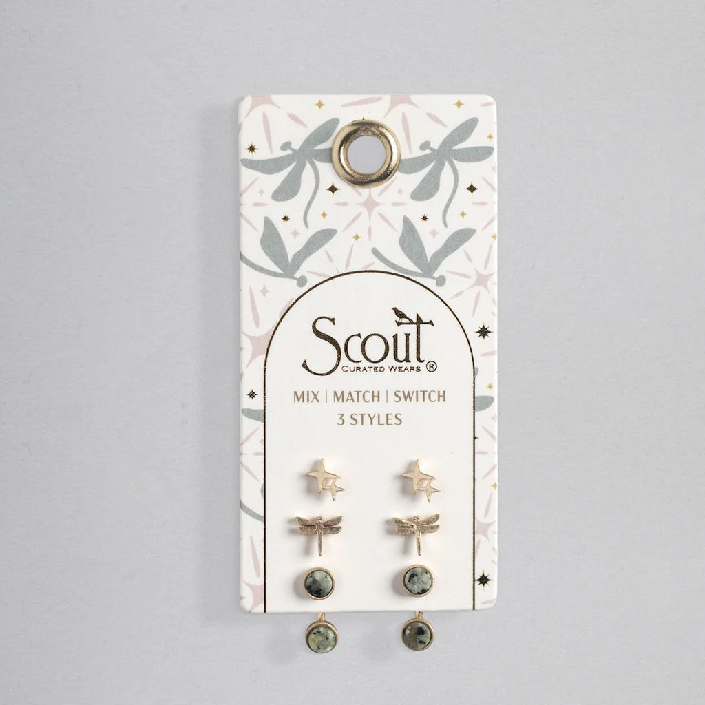 Stud Trio Ear Jacket Set - Dragonfly/African Turquoise/Gold