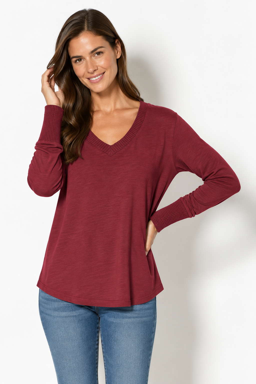 Waffle Mix V-Neck Top in Astroberry
