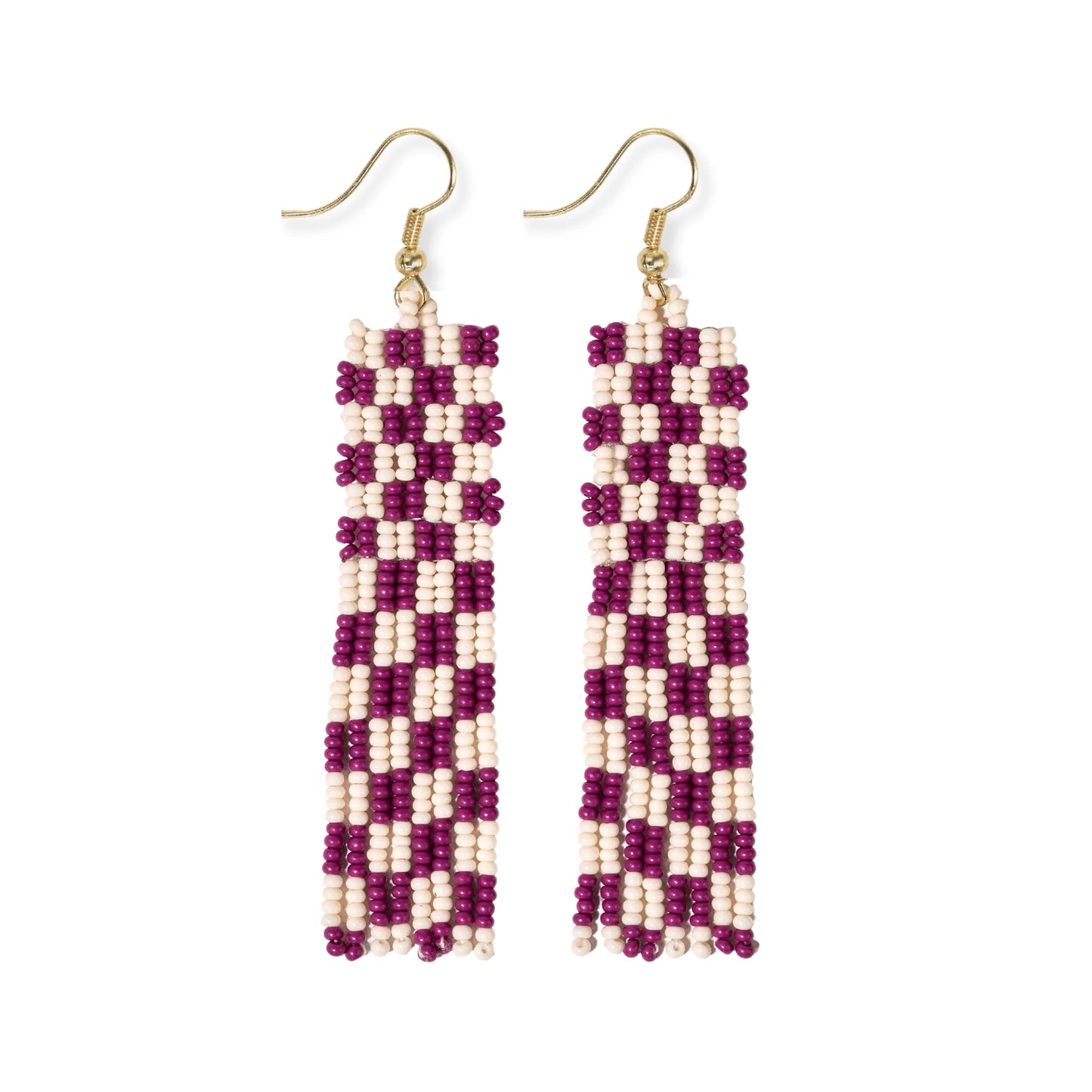 Harriet Woven Top Gingham Beaded Fringe Earrings Magenta