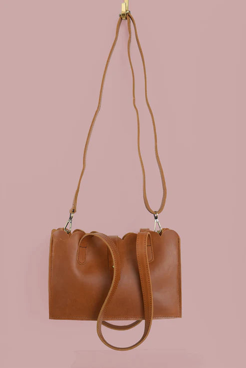 GR Scalloped Convertible Midsized Handbag in Caramel