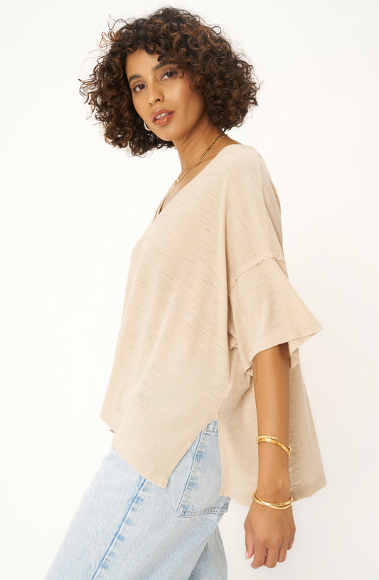 Oh GIrl Raw V-Neck Textured Tee in Oyster Beige