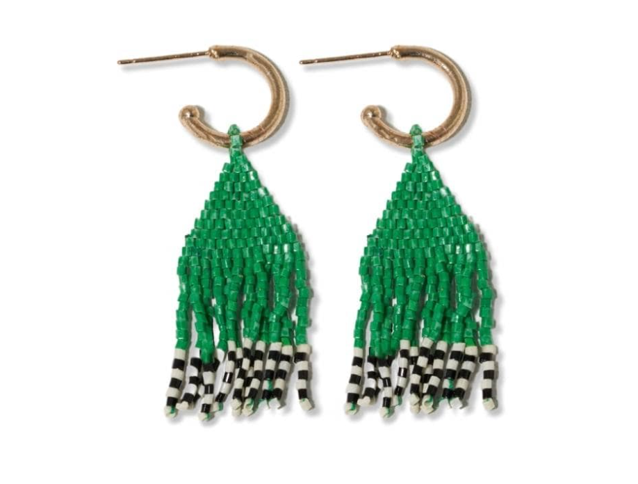 Leta Mini Gold Hoop Solid With Black/White Bottom Beaded Fringe Earrings Kelly Green
