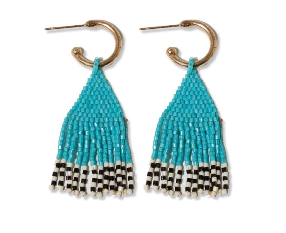 Leta Mini Gold Hoop Solid With Black/White Bottom Beaded Fringe Earrings Turquoise