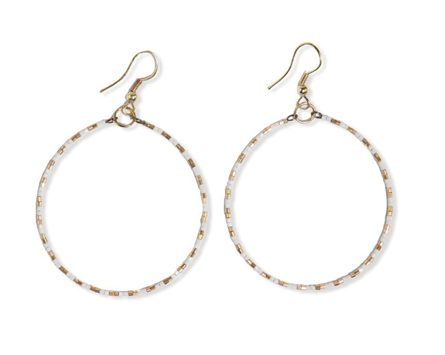 Kelly Checkered Beaded Hoop Earrings Cream