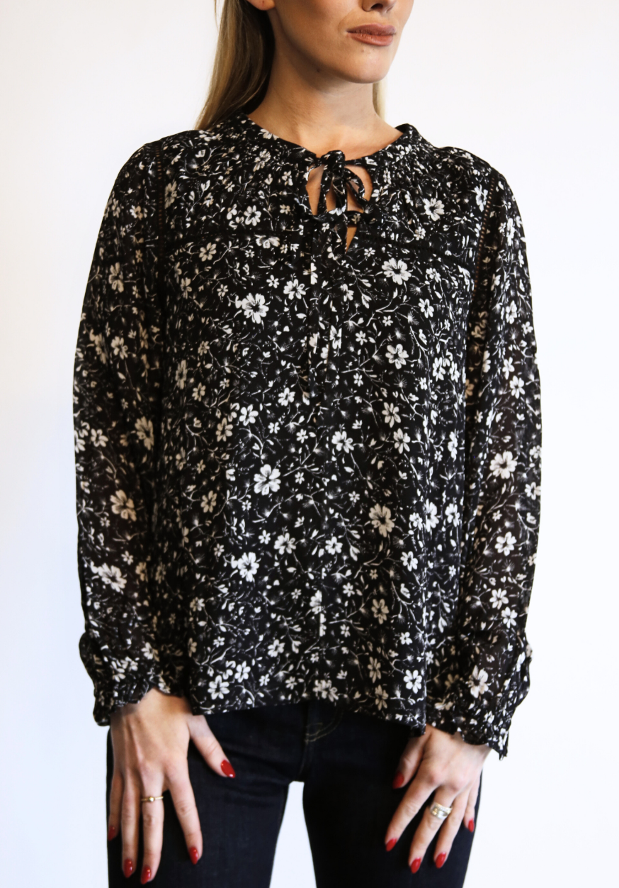 Annette Tie Blouse in Black & White Floral