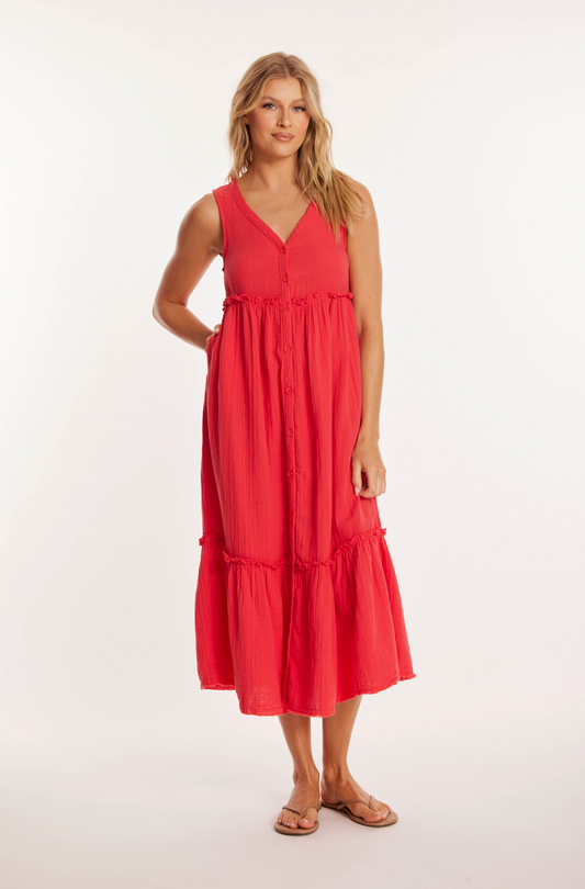 Button Front Tiered Midi Tank Dress in Glazed Cherry