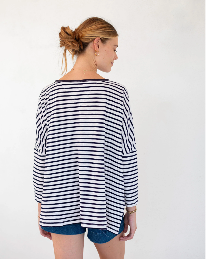 Catalina Slub Tee in White + Navy Stripe Ringer