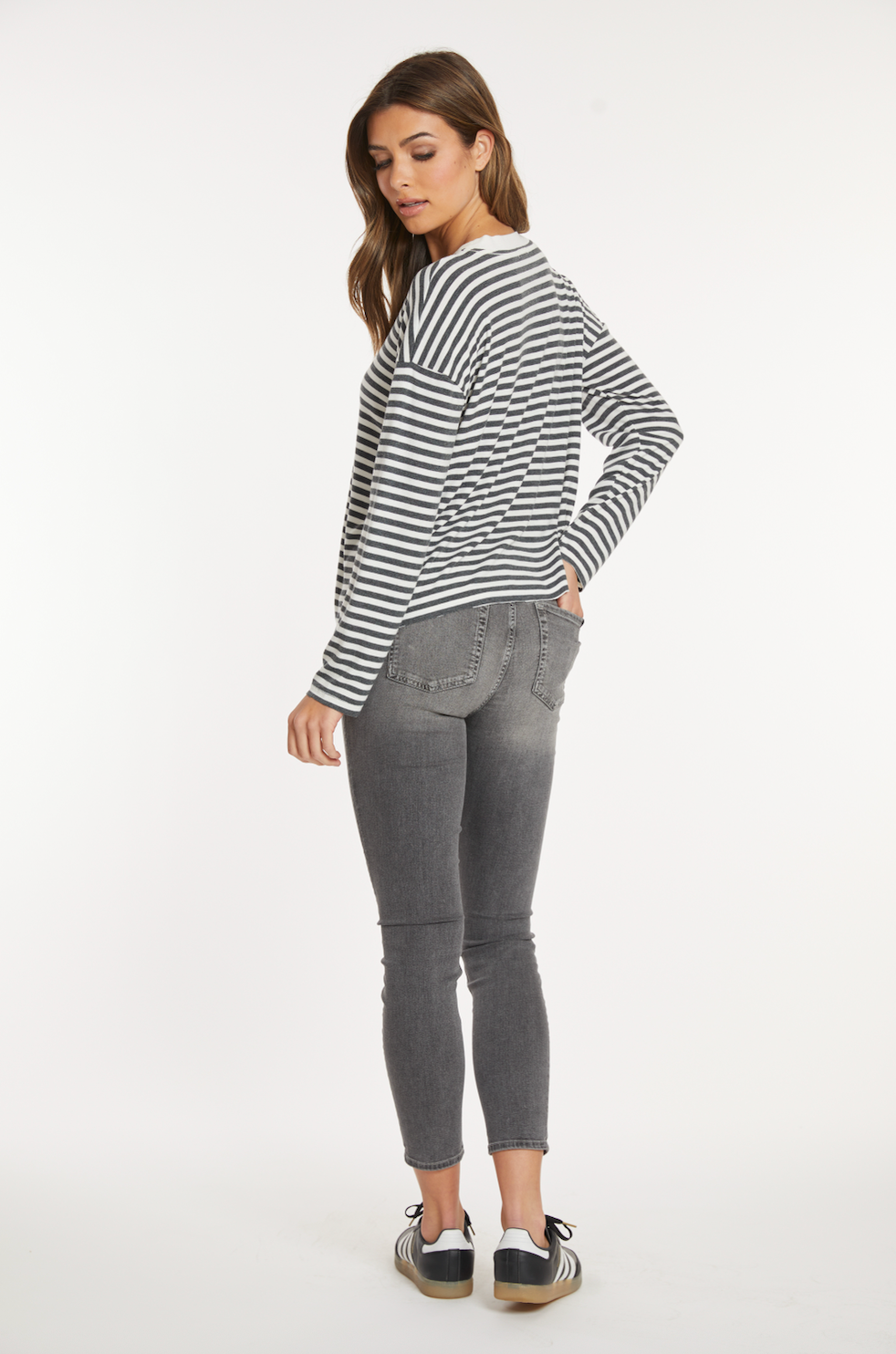 Drop Shoulder Boxy Crew Tee in Ivory/Charcoal Stripe