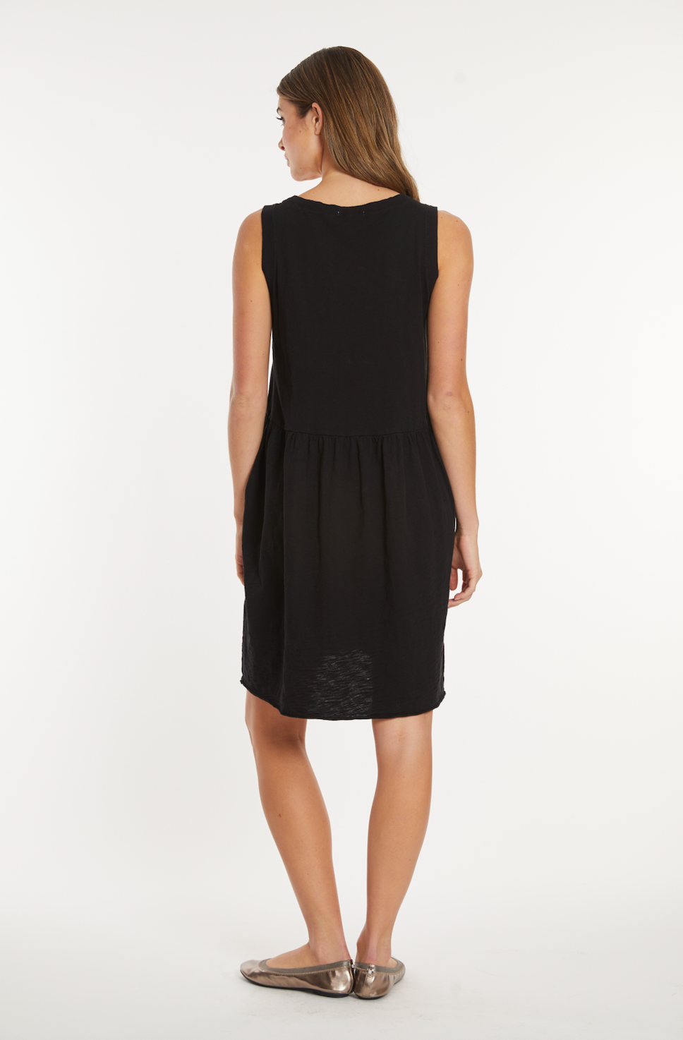 Drop Shirred Waist Tank Dress in Black