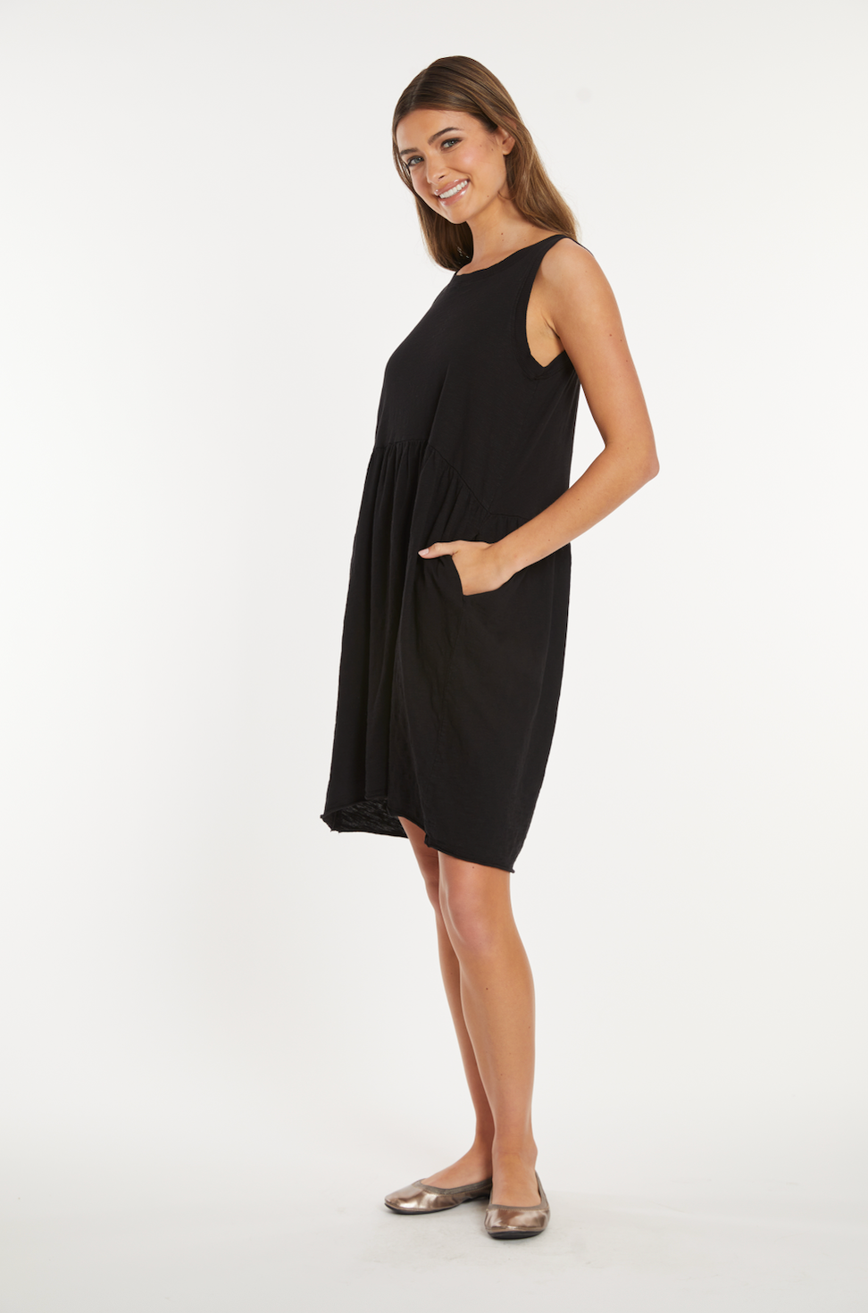 Drop Shirred Waist Tank Dress in Black