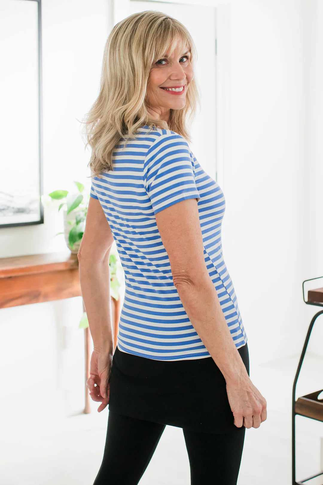 Heidi Scoop Neck Bamboo Tee Shirt in French Blue Classic Stripe