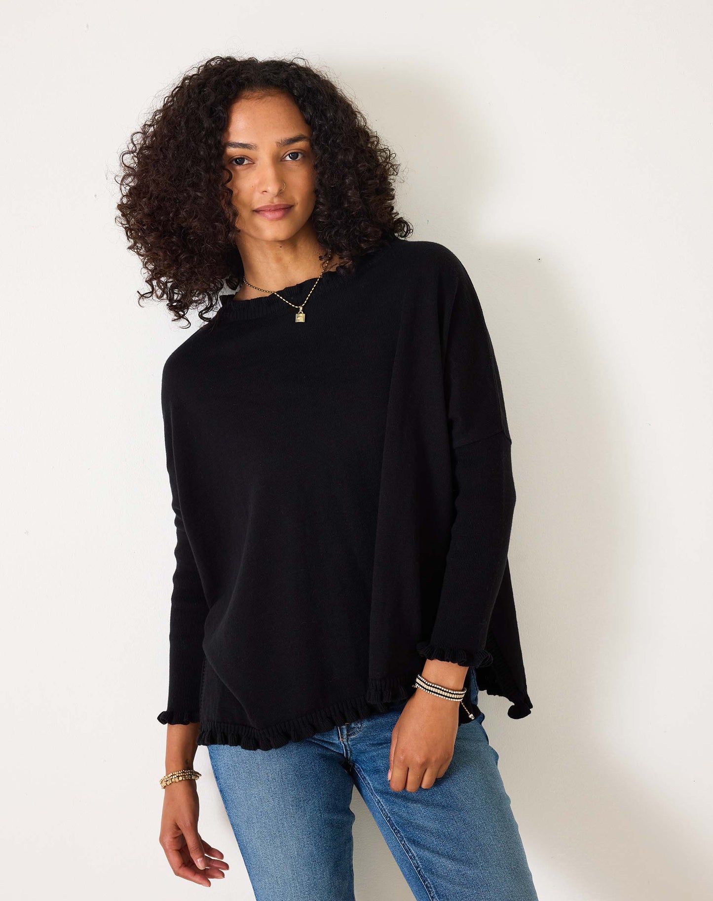 Catalina Cotton Ruffle Sweater in Black