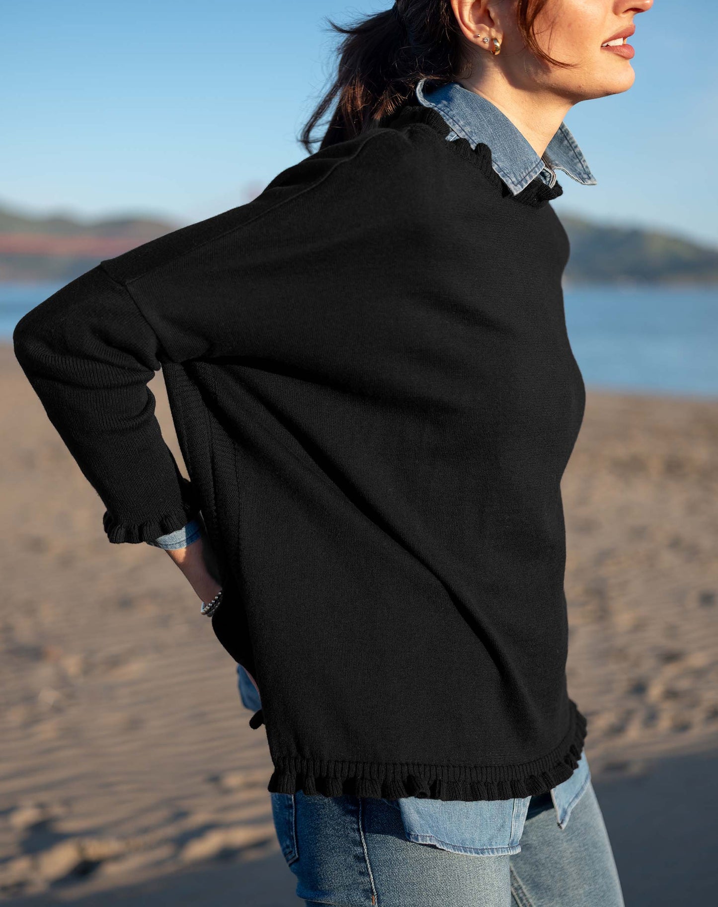 Catalina Cotton Ruffle Sweater in Black