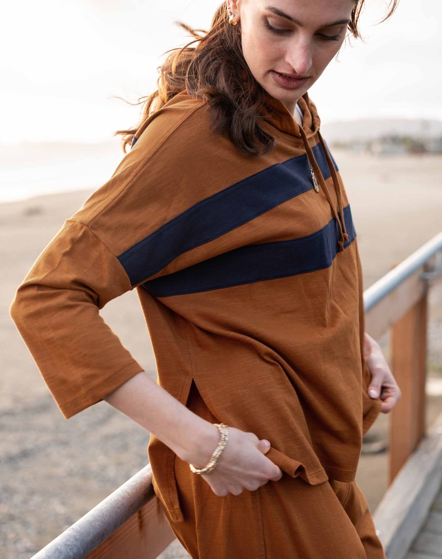 Catalina Hoodie Tee in Tobacco + Navy Stripe