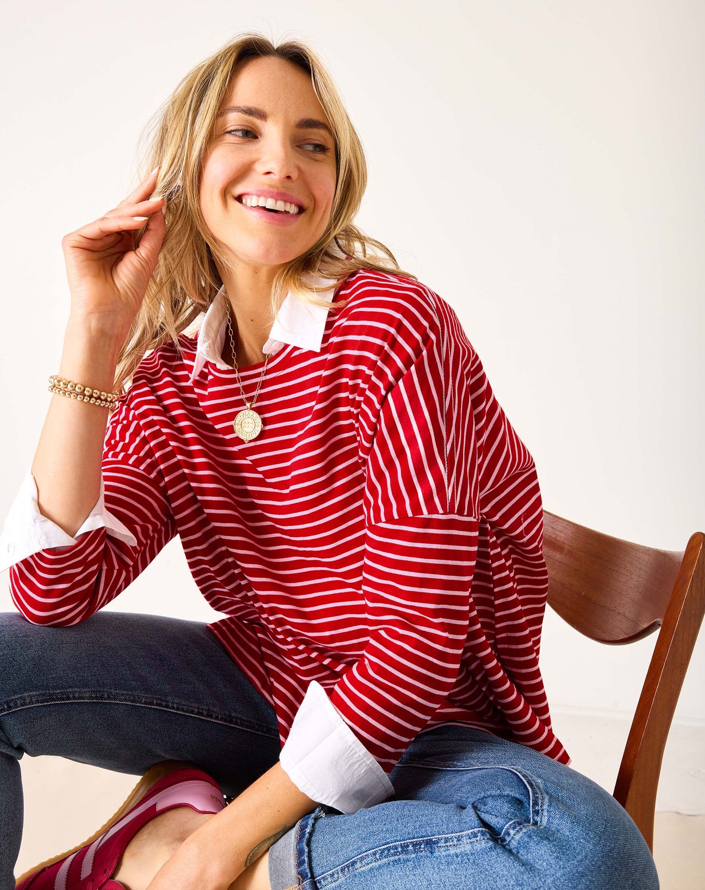 Catalina Slub Tee in Red + Pink Stripe