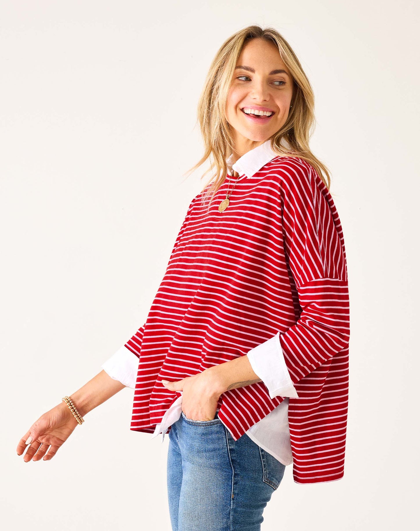 Catalina Slub Tee in Red + Pink Stripe